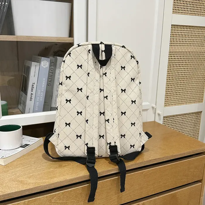 Sac à dos de loisirs en velours côtelé avec nœud, grande capacité, style universitaire, pour le printemps et l'été, idéal pour les trajets quotidiens
