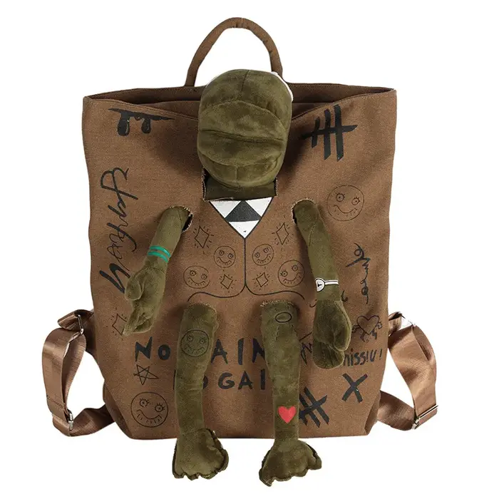 Sacs à dos pour femmes Graffiti incrusté peluche grenouille monstre Zip grande capacité école sac à 