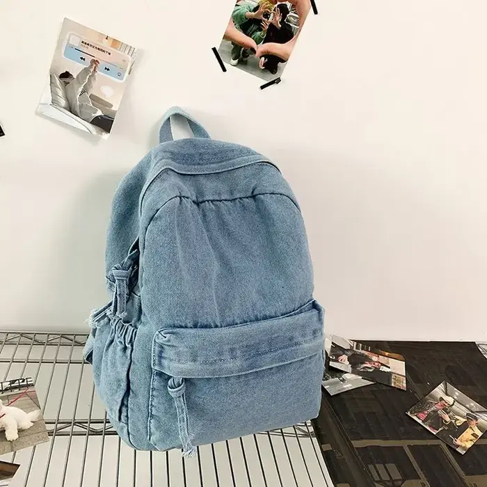 Sac à dos en jean délavé style rétro pour étudiants