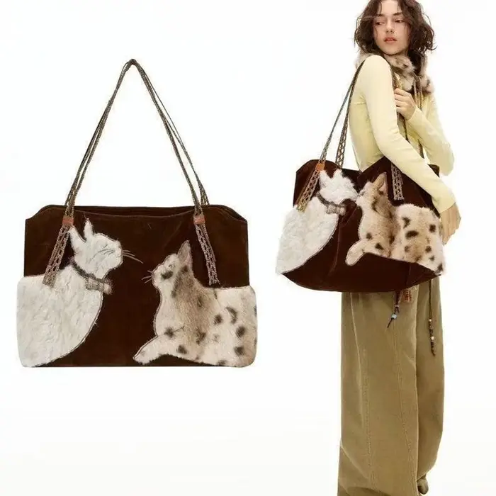 Mignon rétro chiot sac fourre-tout femmes en cuir Texture peluche grande capacité sac à bandoulière dames mode