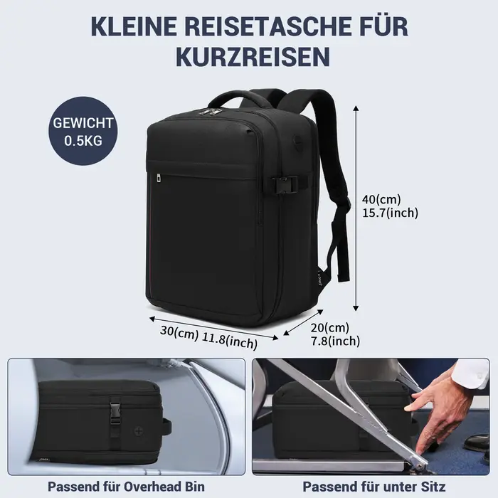 Sac à dos de voyage KONO pour Ryanair & Eurowings (40x30x20 cm, 24L) - Ultra-léger avec port de char