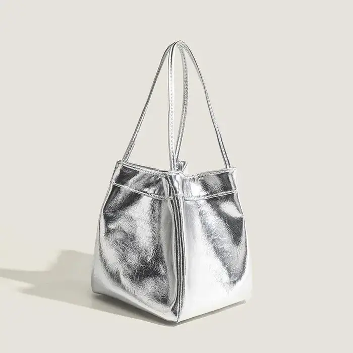 Silver Bucket Bag For Women Lunch Box Bag Hand-Held Small Bag Bucket Bag