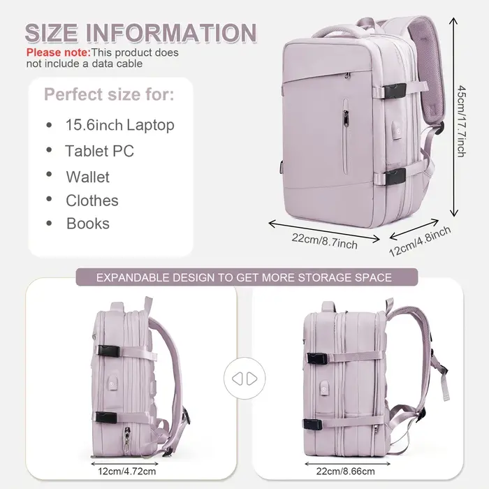 Sac à dos de voyage antivol extensible pour femme avec compartiment principal extensible (180 ° ), C