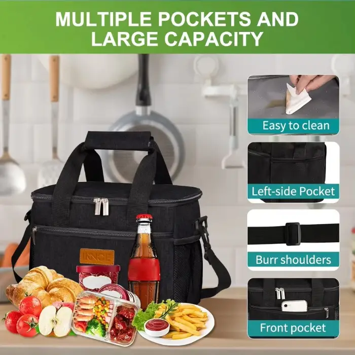 Sac isotherme pour boîte à lunch, sac isotherme portable pour étudiants, sac à main de pique-nique pour repas, avec compartiment de rangement, 1 pièce, noir