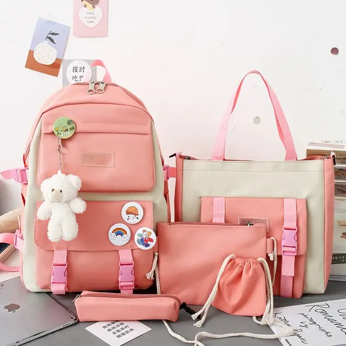 5 pièces ensemble sacs d'école pour adolescent sac à dos femme filles toile couleur unie femmes