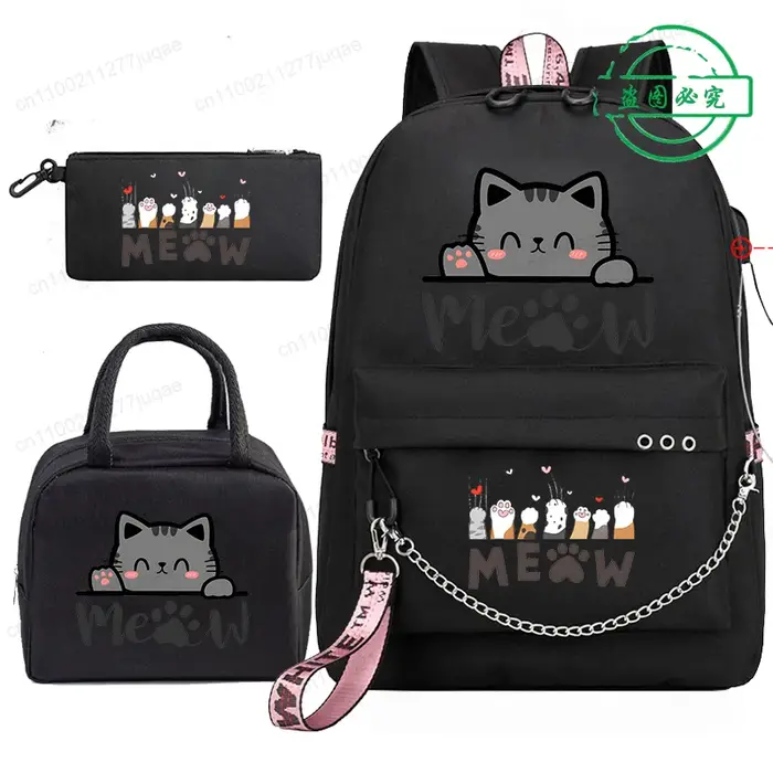 Sac à dos scolaire pour étudiants et adolescents, sac à dos mignon kawaii avec motif de chat anime,