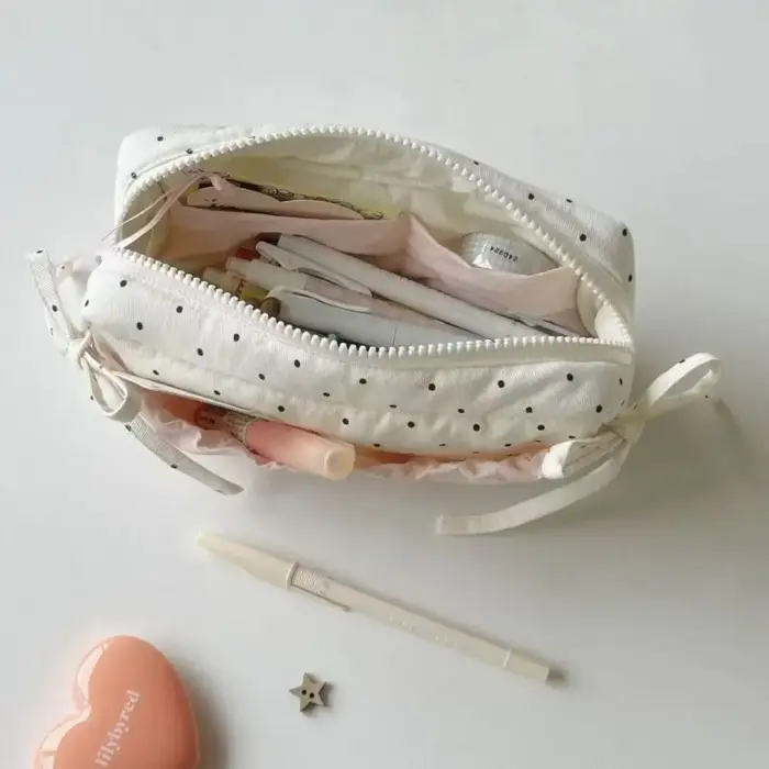 Sac à stylos à motif de pois Simple, grande capacité, trousse à crayons avec nœud papillon, sac de papeterie multifonctionnel, cadeau