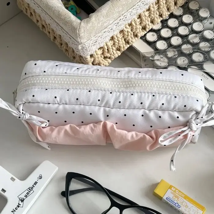 Sac à stylos à motif de pois Simple, grande capacité, trousse à crayons avec nœud papillon, sac de papeterie multifonctionnel, cadeau