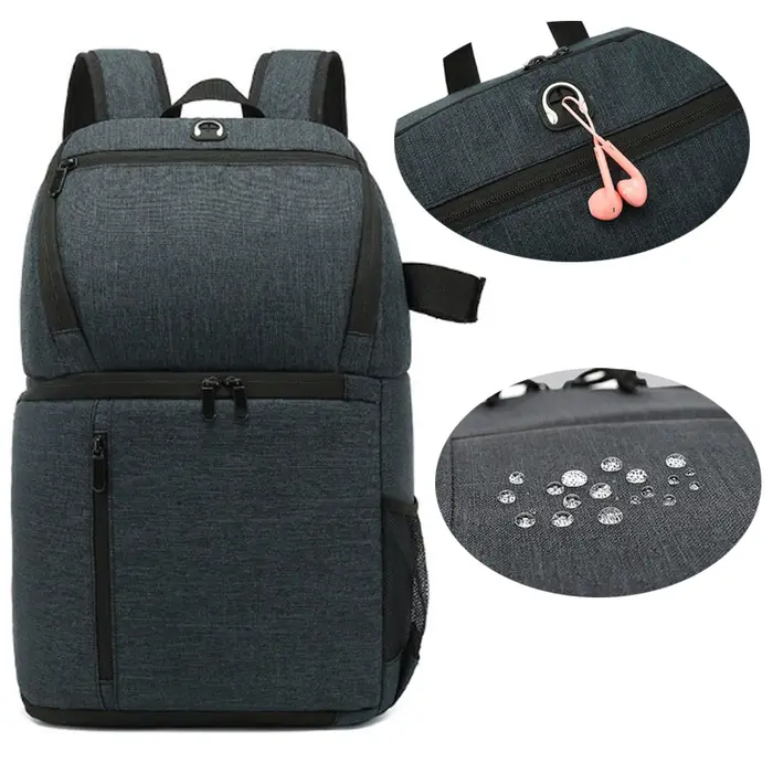 Sac à dos pour appareil photo reflex numérique avec trou pour écouteurs, étanche, pour photographie en extérieur, sac de voyage pour ordinateur portable, trépied et objectif