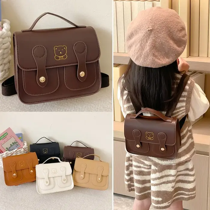 Sac à dos rétro style universitaire pour enfants, sac à dos carré en PU à double bandoulière avec motif petit ours de dessin animé pour garçons et filles, sac à main de loisirs pour bébé