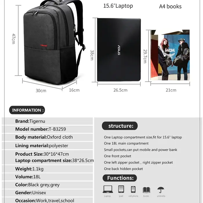 Tigernu étanche Anti-vol 15.6 pouces sac à dos pour ordinateur portable hommes mince école sac à dos