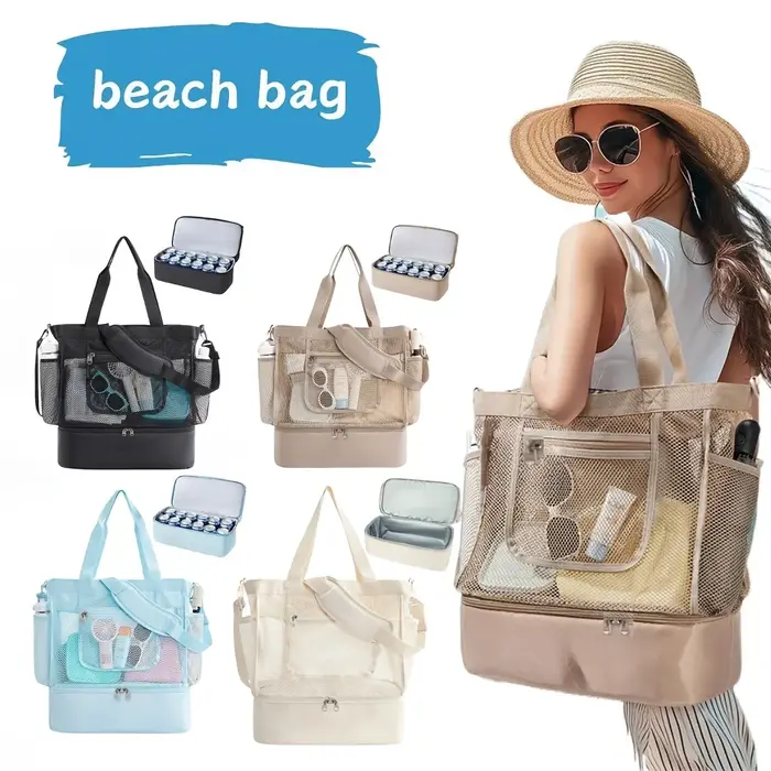 Sac de plage en maille 2-en-1 avec glacière isotherme amovible
