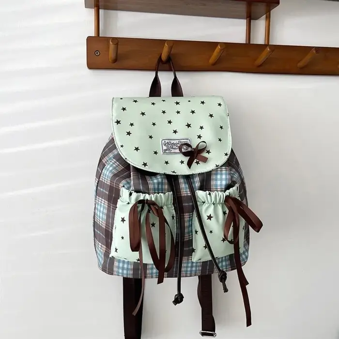Sac à dos double épaule Sweet Bow, motif à carreaux, imprimé étoiles, sacs d'école pour étudiants, motif quadrillé, contraste de couleurs, vert menthe, petit sac à dos