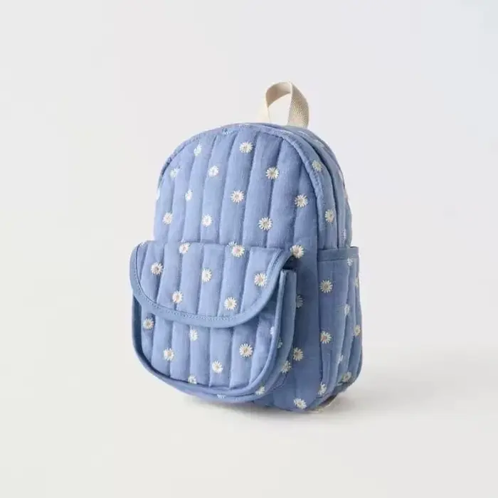 Sac à dos d'étudiant bleu marguerite de dessin animé, sac d'école brodé mignon, sac à dos décontracté unisexe tendance pour les voyages en plein air