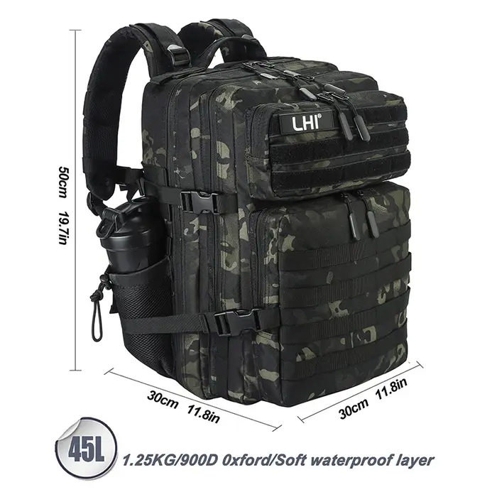 Sac à dos étanche CamSolomon Bug Out avec porte-bouteille pour homme