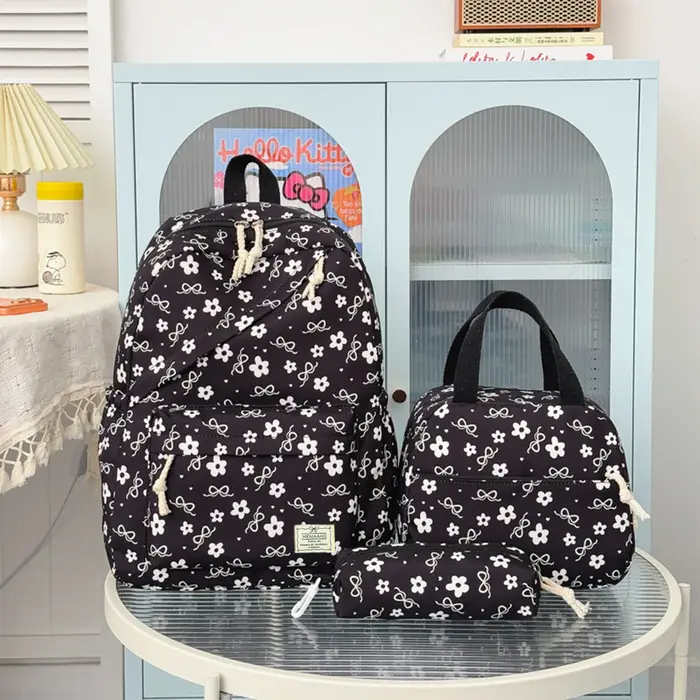 Ensemble de sacs à dos trois pièces en nylon léger à imprimé floral avec nœud, grande capacité, pour filles, idéal pour le campus et les étudiantes