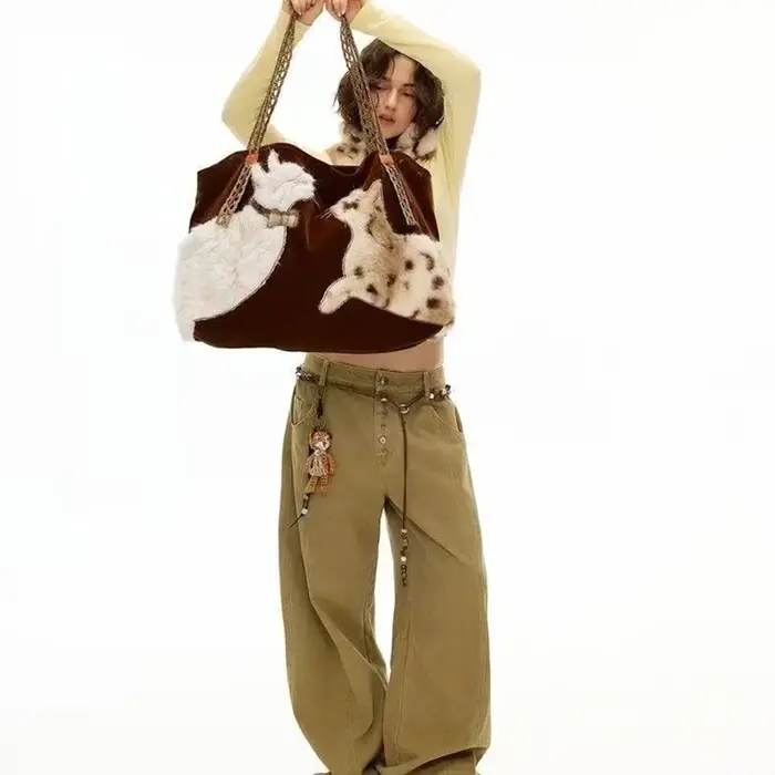Mignon rétro chiot sac fourre-tout femmes en cuir Texture peluche grande capacité sac à bandoulière dames mode