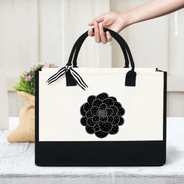 Sac fourre-tout en toile à motif floral crème et noir avec motif spirale pour le shopping et l'usage
