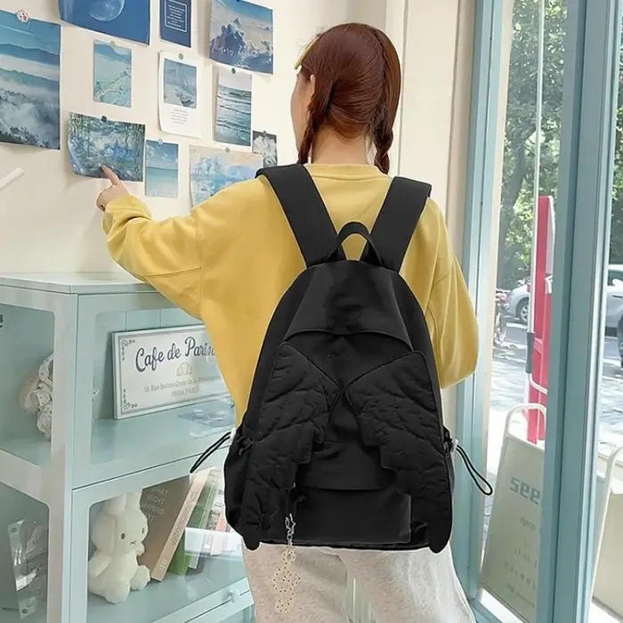 Sac à dos en nylon Sweet Wings pour femmes, grande capacité, léger, pour étudiantes, style girly, couleur unie, sac à bandoulière, sac à dos