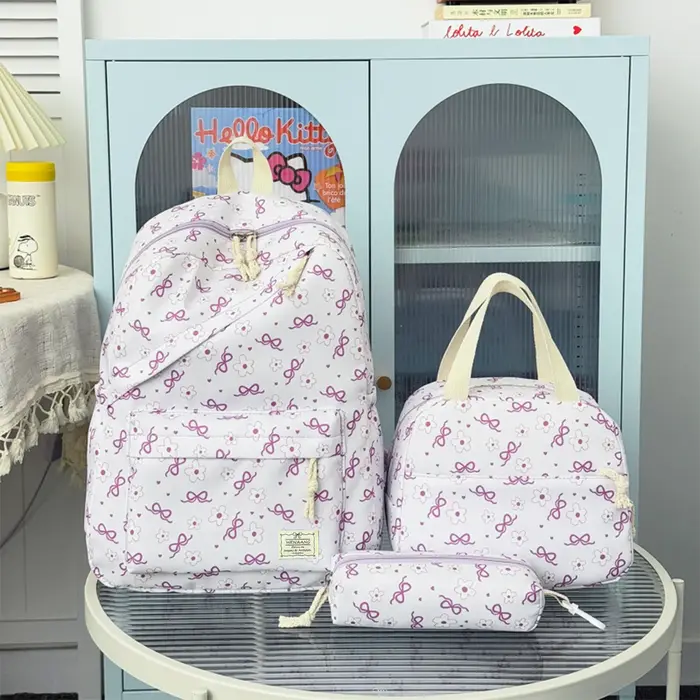Ensemble de sacs à dos trois pièces en nylon léger à imprimé floral avec nœud, grande capacité, pour filles, idéal pour le campus et les étudiantes