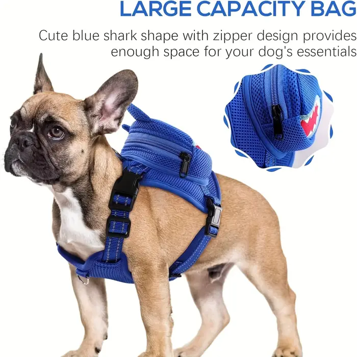 Sac à dos pour chien, harnais, sac à dos sans traction avec anneau en D pour petits et moyens chiens, mignon requin, auto-transportant pour animaux de compagnie, voyage réglable