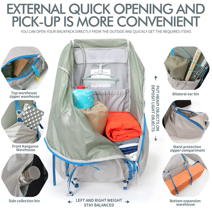 Sac à dos de randonnée imperméable 55L avec cadre interne et housse de pluie