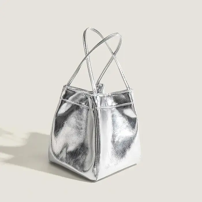 Silver Bucket Bag For Women Lunch Box Bag Hand-Held Small Bag Bucket Bag
