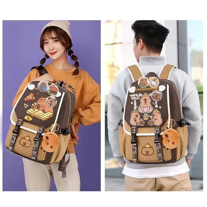 Kawaii Capybara élégant kaki enfant sac à dos sac d'école sac à dos décontracté adolescents garçon fille sac à bandoulière enfants cartable sac à dos ﻿