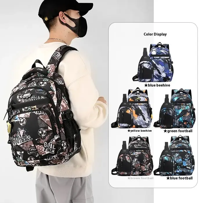 2 pièces/ensemble collège garçon sac à dos graffiti poitrine sac à dos ensemble lycée sac pour garçons 12 à 18 ans étudiant bookbag