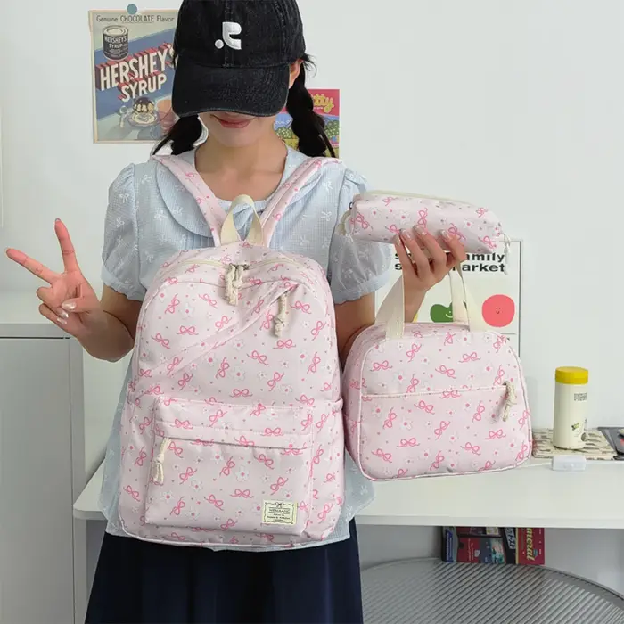 Ensemble de sacs à dos trois pièces en nylon léger à imprimé floral avec nœud, grande capacité, pour filles, idéal pour le campus et les étudiantes