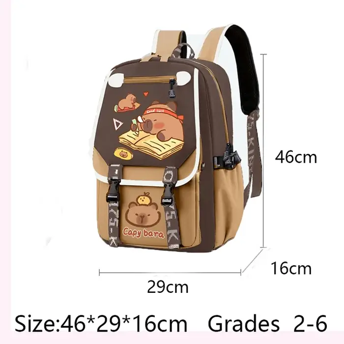 Kawaii Capybara élégant kaki enfant sac à dos sac d'école sac à dos décontracté adolescents garçon f
