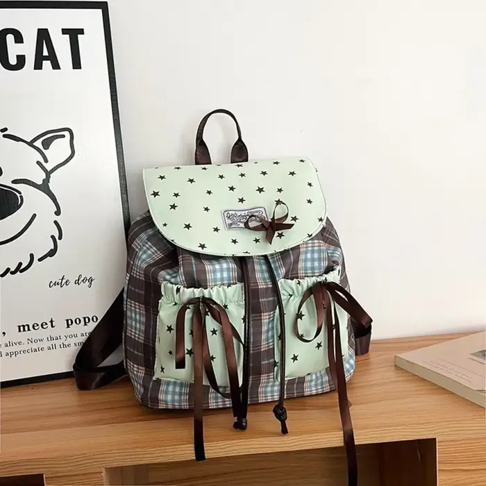 Sac à dos double épaule Sweet Bow, motif à carreaux, imprimé étoiles, sacs d'école pour étudiants, vintage, couleur contrastée, vert menthe, petit sac à dos pour filles