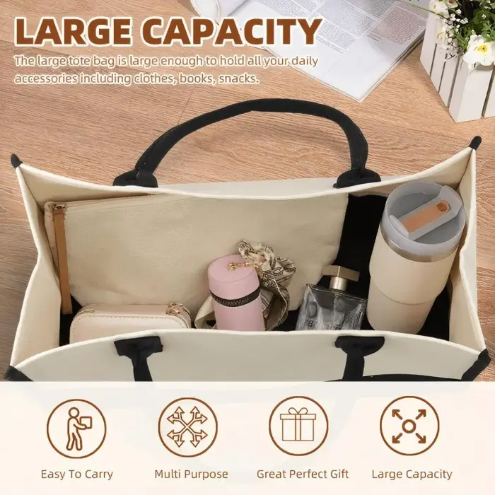 Sac fourre-tout en toile au design floral blanc et noir pour un usage quotidien