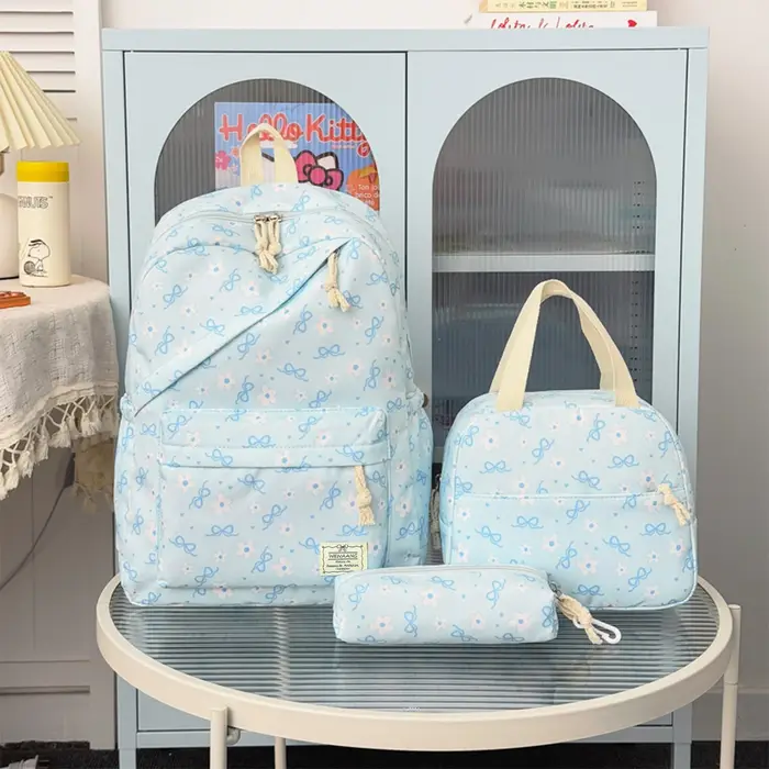 Ensemble de sacs à dos trois pièces en nylon léger à imprimé floral avec nœud, grande capacité, pour