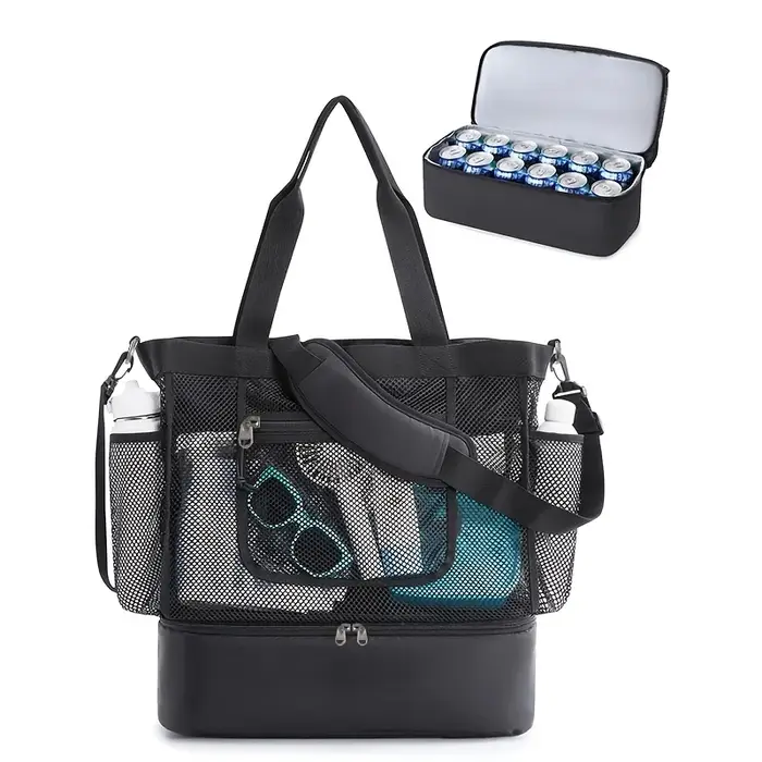 Sac de plage en maille 2-en-1 avec glacière isotherme amovible