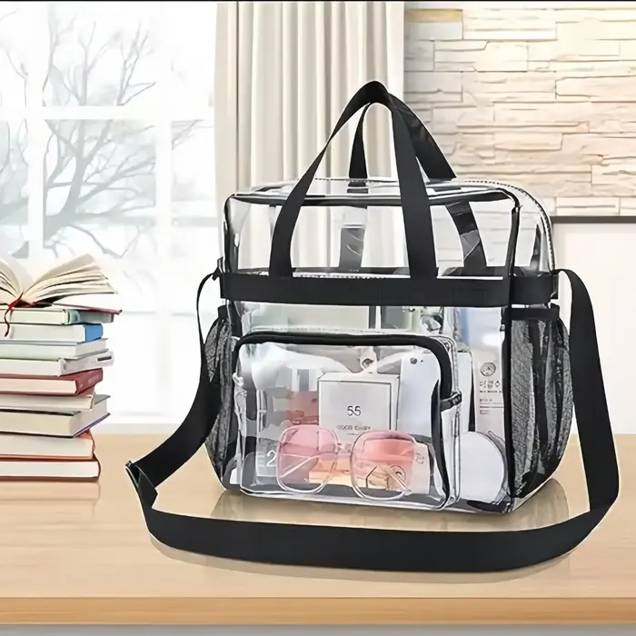 Sac fourre-tout transparent robuste en PVC, approuvé pour les stades, sac bandoulière avec poches en