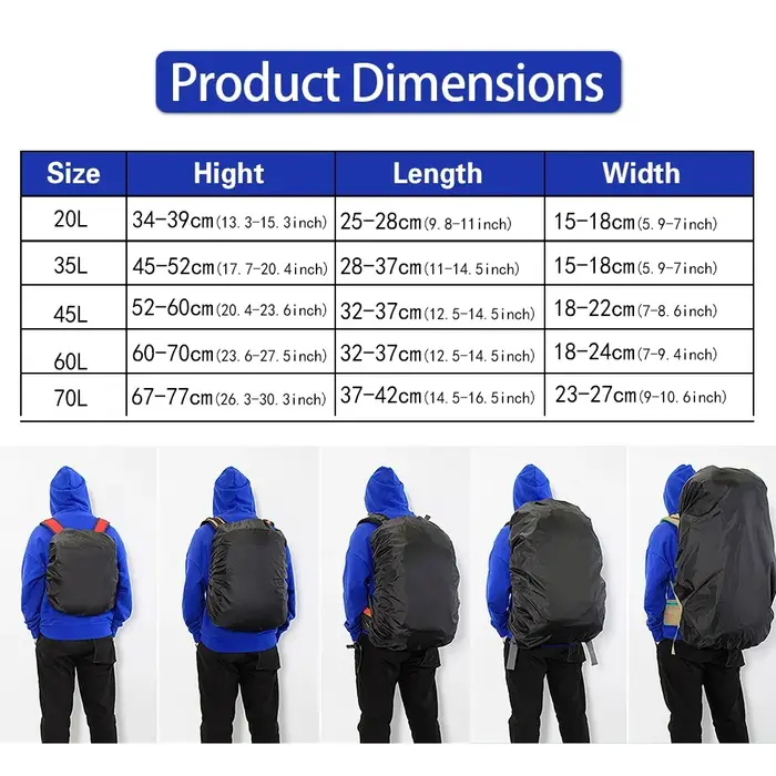 Juste de pluie étanche pour sac à dos, prévention de la poussière, camping en plein air, sac de randonnée, housse de pluie, 20L, 35L, 40L, 50L, 70L