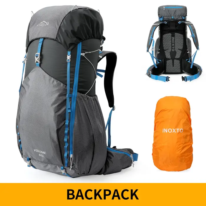 Sac à dos de randonnée imperméable 55L avec cadre interne et housse de pluie