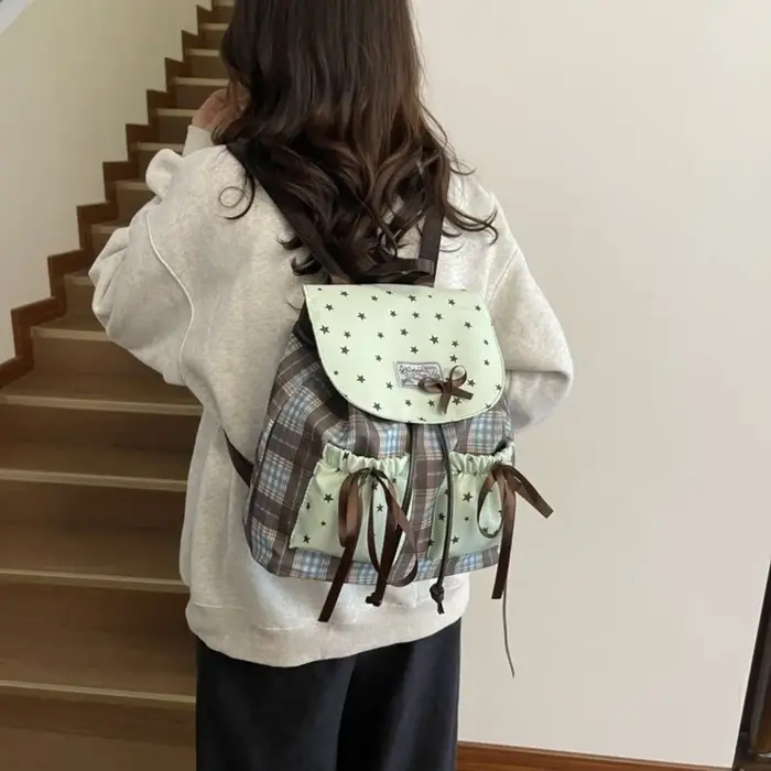 Sac à dos double épaule Sweet Bow, motif à carreaux, imprimé étoiles, sacs d'école pour étudiants, motif quadrillé, contraste de couleurs, vert menthe, petit sac à dos