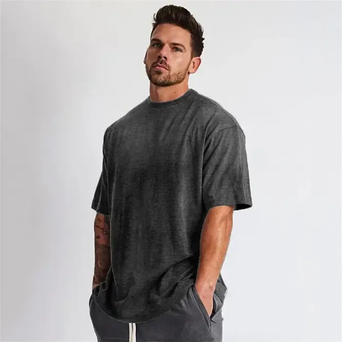 Couleur unie Gym course Sport vêtements Fitness surdimensionné chemise en coton ample hommes Hip Hop à manches courtes musculation Muscle T-shirt