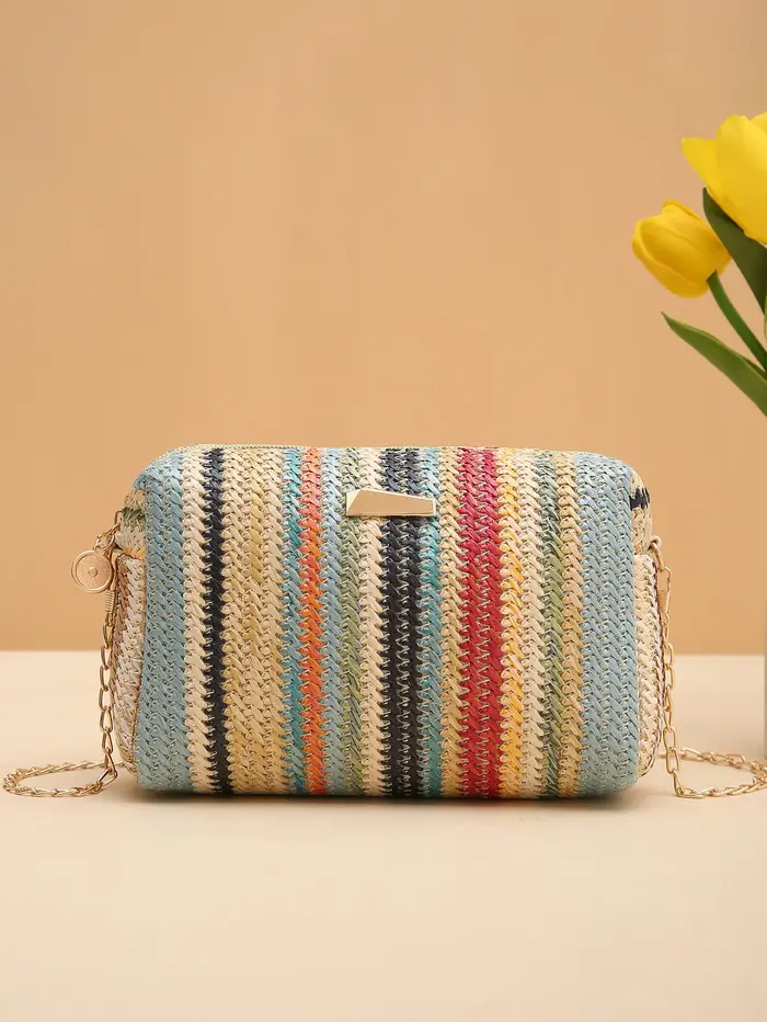 Sac arc-en-ciel tissé coloré pour fille, sac carré, sac à bandoulière, polyvalent, enge, 2024