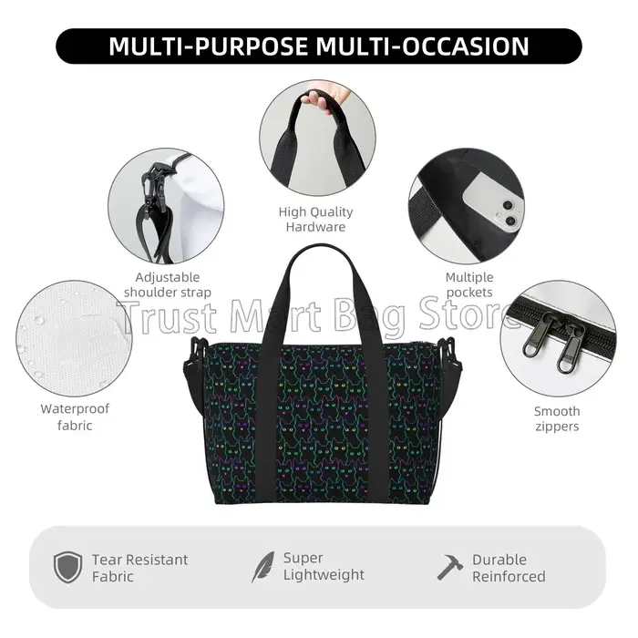 Sac polochon de voyage avec chats noirs de dessin animé mignon