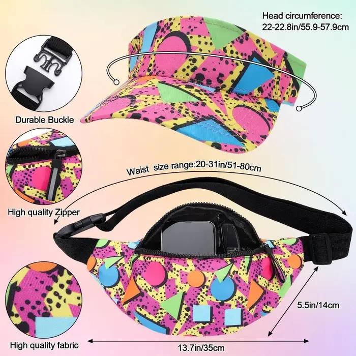 Nouveau Sac banane coloré des années 80 et 90, sac de taille en coton doux, tenue confortable des années 80, pare-soleil, chapeau, fête d'été, Golf