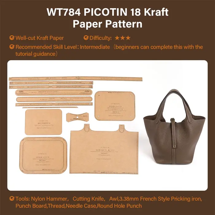 WUTA Picotin 18 – Modèle en papier kraft pour sac seau fait main – Outil et accessoires de maroquinerie DIY