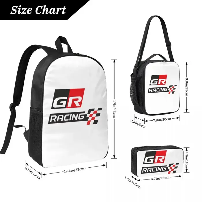 GR Logo Gazoo Racing GR Sport sac à dos garçons filles BookBag sac d'école ordinateur sacs à bandoulière 3ps sac à déjeuner isolé trousse à crayons