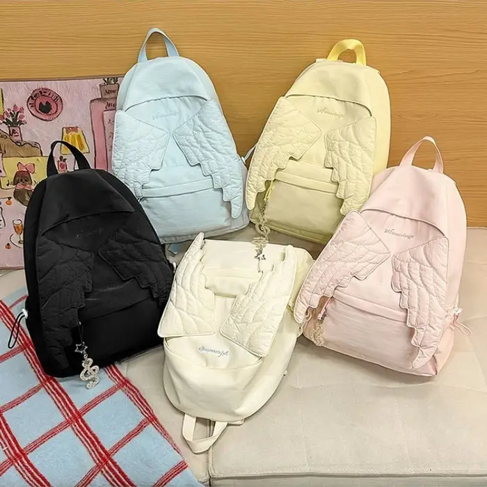 Sac à dos en nylon Sweet Wings pour femmes, grande capacité, léger, pour étudiantes, style girly, couleur unie, sac à bandoulière, sac à dos