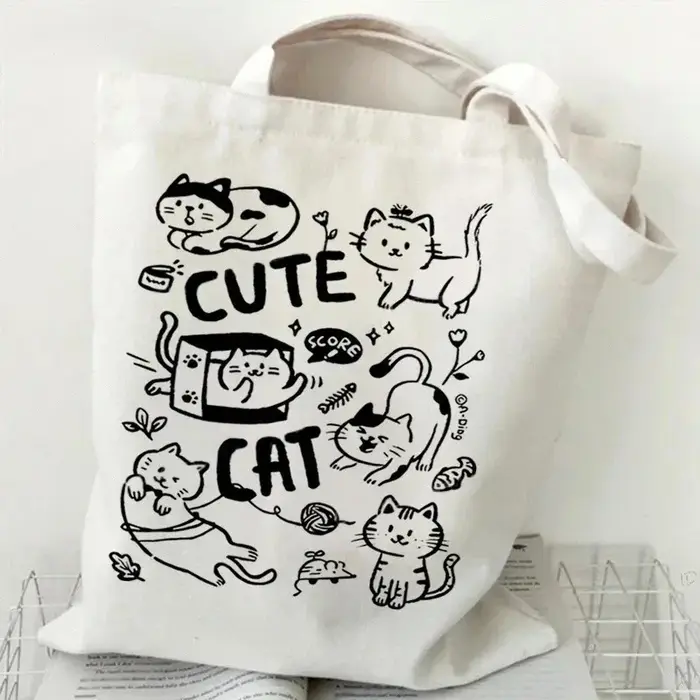 Sac fourre-tout en toile imprimé chat noir et blanc