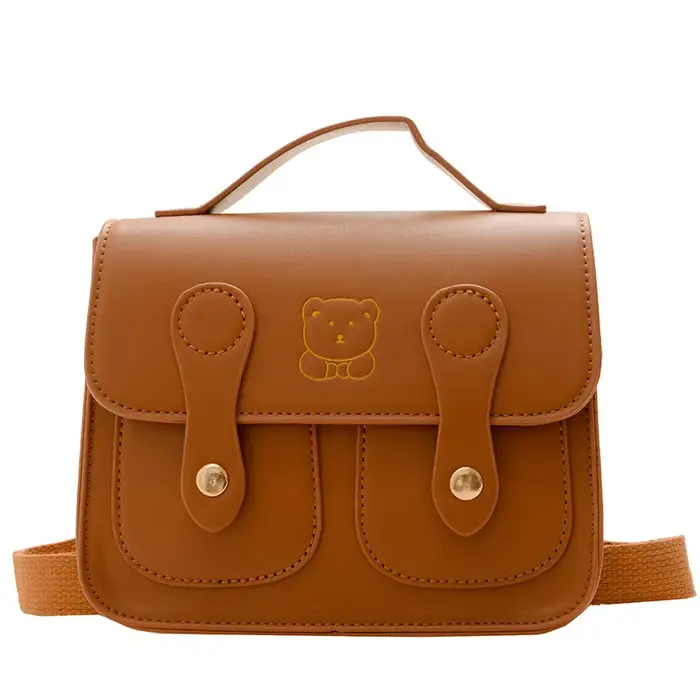 Sac à dos rétro style universitaire pour enfants, sac à dos carré en PU à double bandoulière avec motif petit ours de dessin animé pour garçons et filles, sac à main de loisirs pour bébé