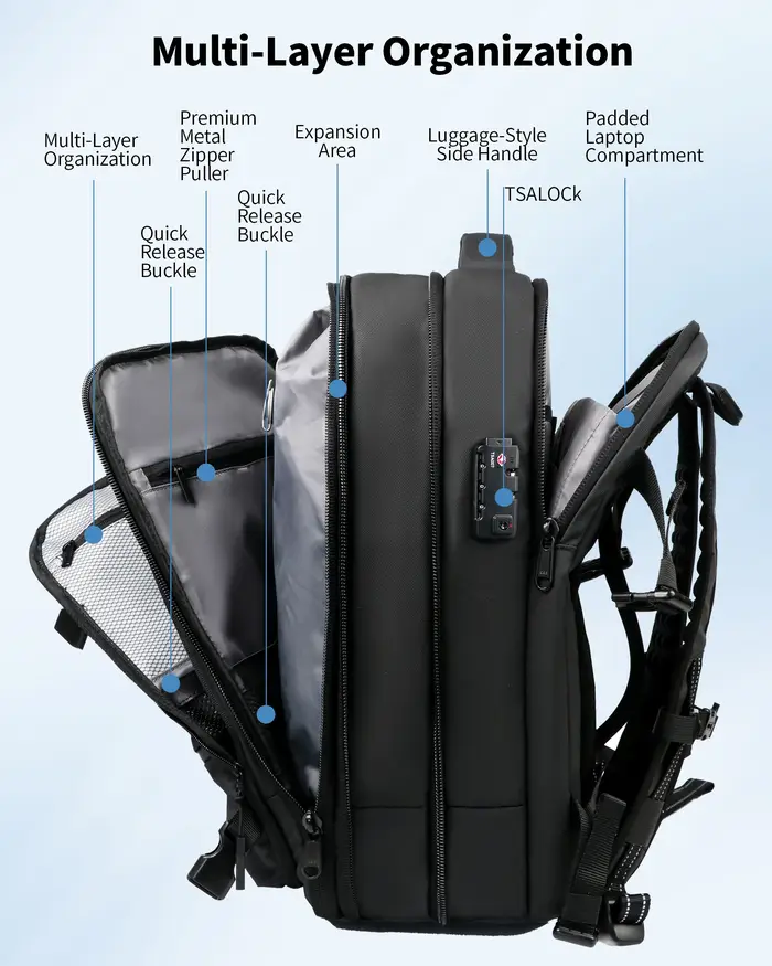 Sac à dos de voyage 60L extensible avec système de compression d'air et serrure TSA