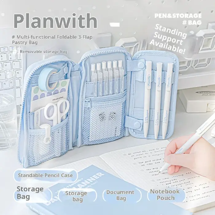 Planwith – sac à crayons de rangement multifonctionnel de grande capacité, pochette de rangement étanche à trois volets pour certificats